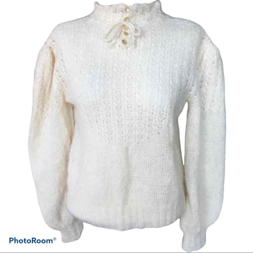 Vintage High Neck Balloon Sleeves Pointelle Top